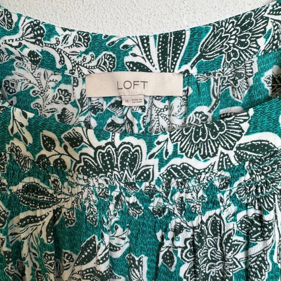 2/$25 Loft Turquoise Blue Floral Smocked Modest Paisley Feminine Blouse Medium - Picture 6 of 11